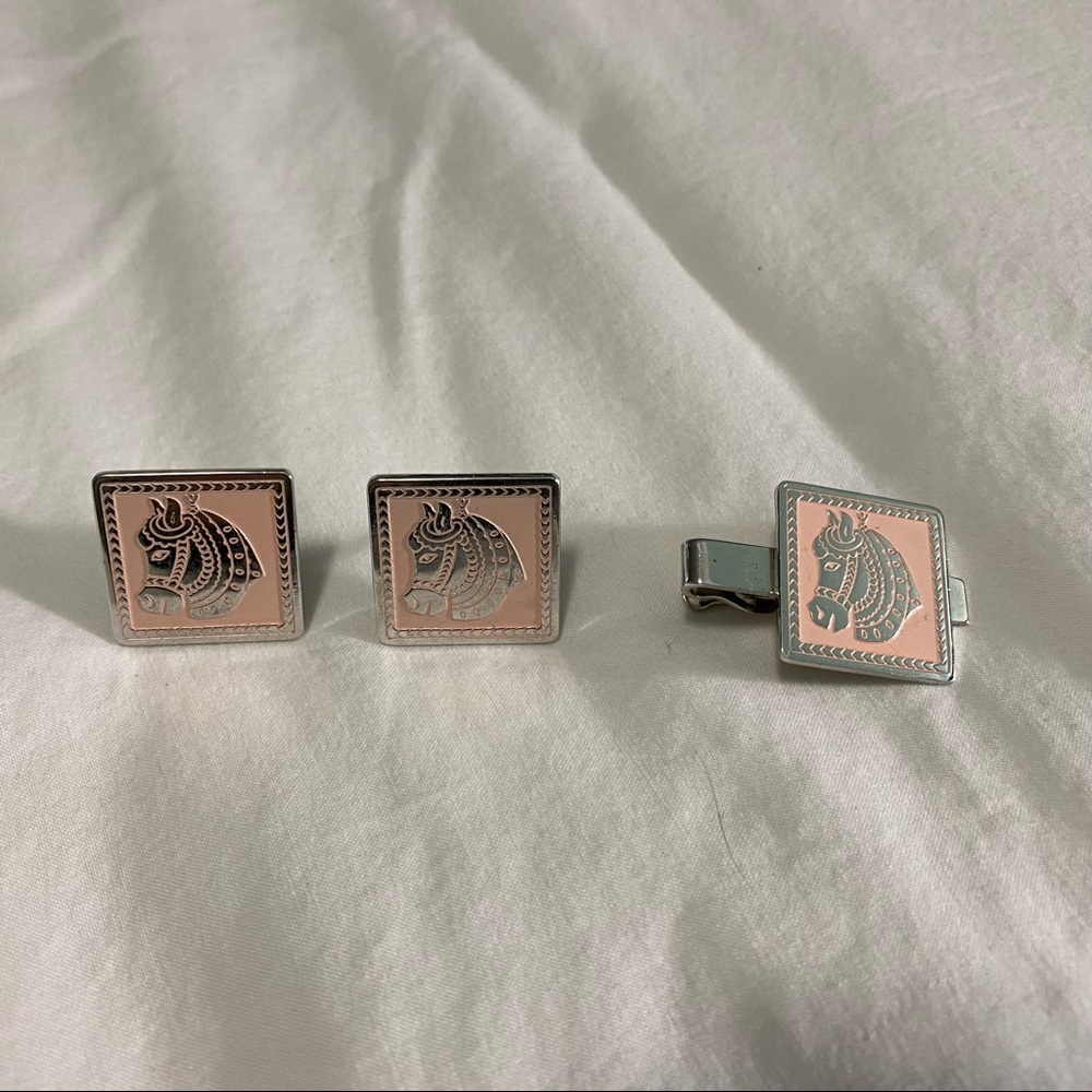 Swank Pink Horse Mid Century Cuff Links & Tie Clip Set - Picture 8 of 8